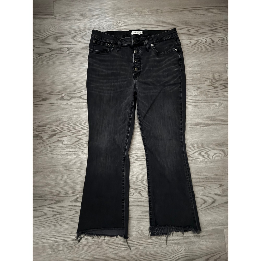 Madewell Women's Cali Demi-Boot Jeans Black Frayed Raw Hem Button Fly Size 32